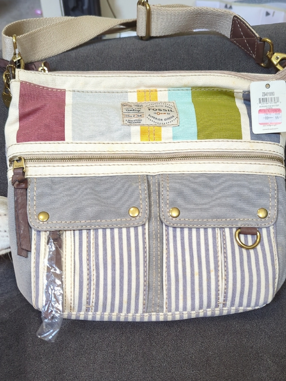 Fossil Canvas Crossbody Bag with Multicolor Stripe Accents